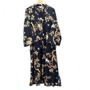 NATORI Private Luxuries Floral Bird Print Silky Zip Front Kimono Robe Medium